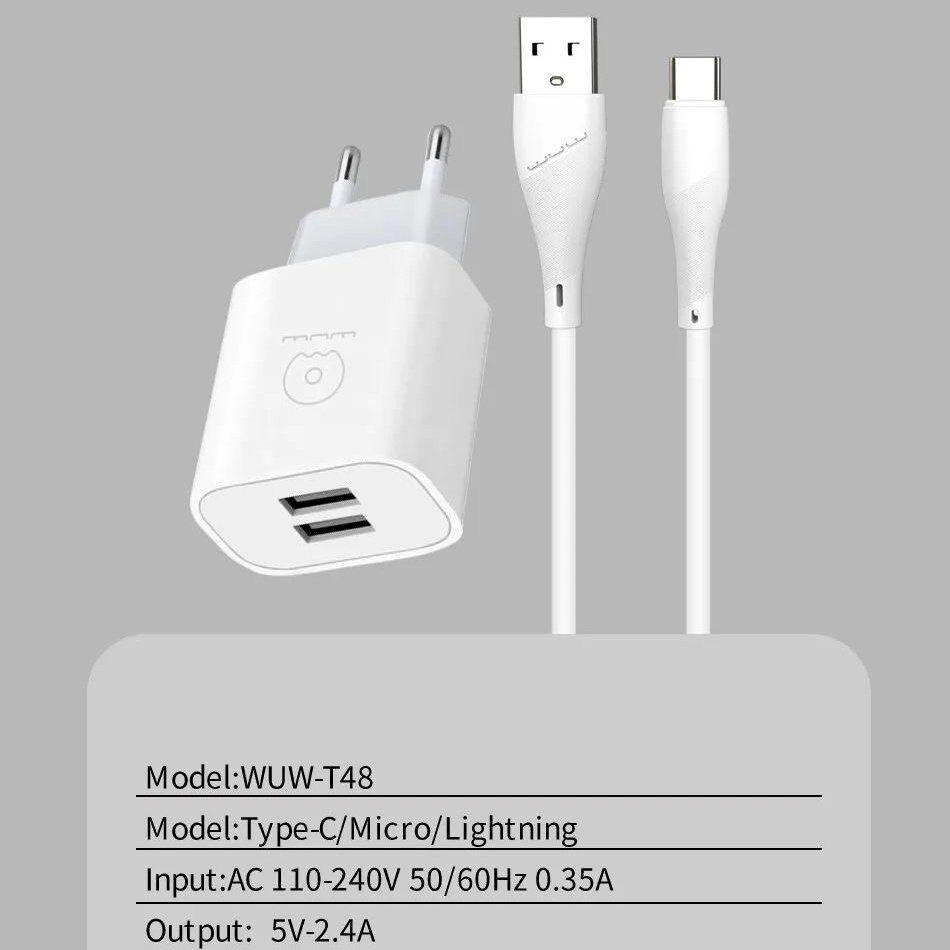 Мережевий зарядний пристрій WUW T48 2.4A + USB Type-C БІЛИЙ (48) Мережевий зарядний пристрій WUW T48 2.4A + USB Type-C БІЛИЙ (48)