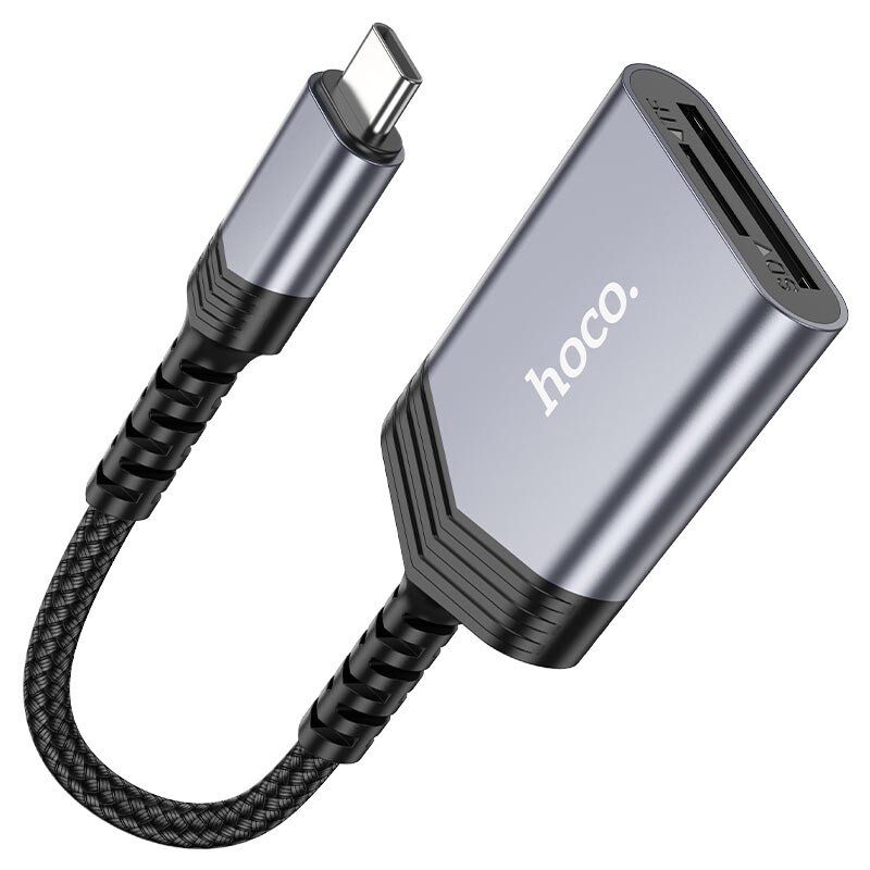 OTG картрідер HOCO UA25 2в1 Type-C (штекер)  -  SD / TF (гнізда), 19 см, сірий