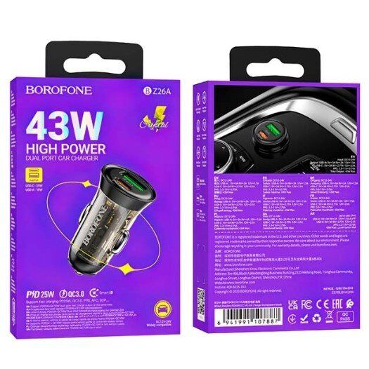 Автомобільний зарядний пристрій BOROFONE BZ26A PD 43W TYPE-C + USB QC3.0 чорний