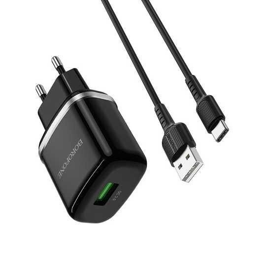 Мережевий зарядний пристрій BOROFONE BA36A USB QC3.0 + кабель USB - TYPE-C, ЧОРНИЙ Мережевий зарядний пристрій BOROFONE BA36A USB QC3.0 + кабель USB - TYPE-C, ЧОРНИЙ