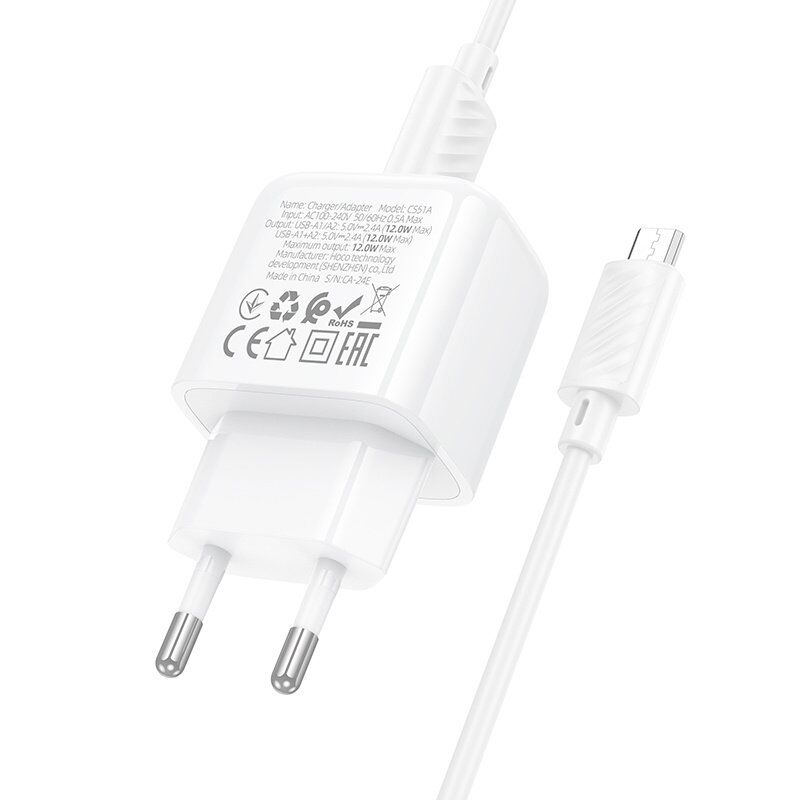 Мережевий зарядний пристрій HOCO CS51A 2USB 2.4A + кабель USB - MICRO, білий Мережевий зарядний пристрій HOCO CS51A 2USB 2.4A + кабель USB - MICRO, білий