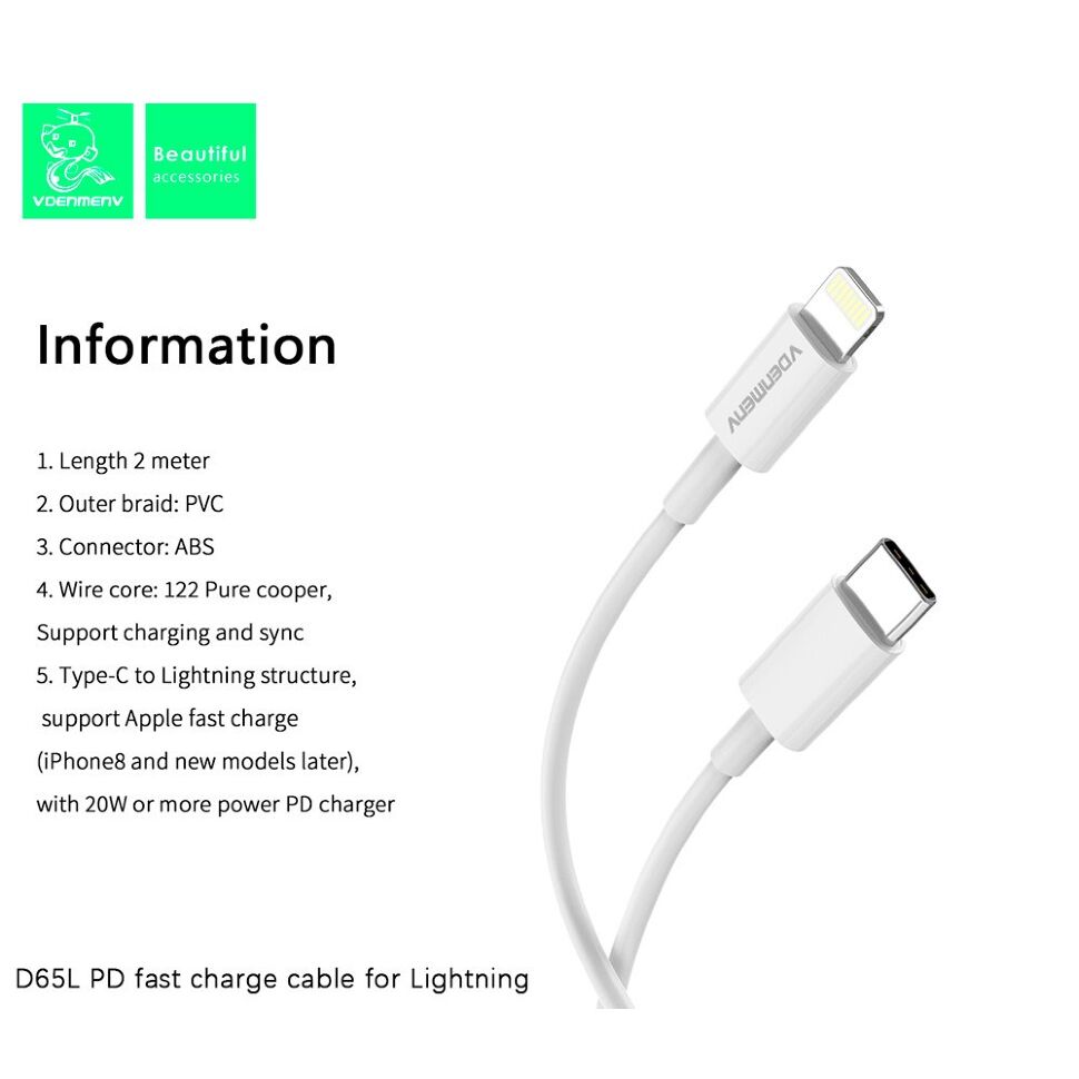 Кабель USB-C Denmen D65L Type-C - Lightning PD 20W
