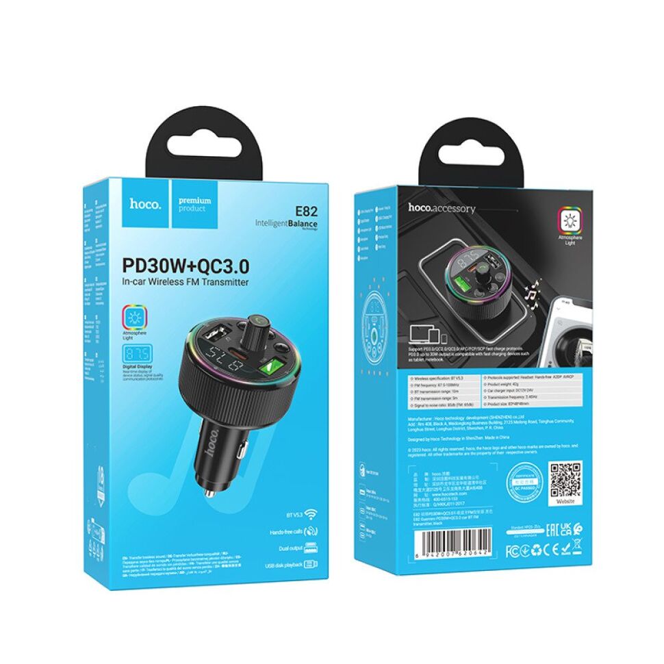 FM трансмітер HOCO E82 Guerrero Bluetooth з швидкою зарядкою USB-C PD 30W + 1USB QC3.0 18W з гучним зв'язком ЧОРНИЙ