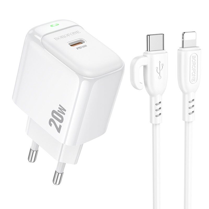 Мережевий зарядний пристрій BOROFONE BAS43A TYPE-C PD 20W + кабель TYPE-C - LIGHTNING, білий Мережевий зарядний пристрій BOROFONE BAS43A TYPE-C PD 20W + кабель TYPE-C - LIGHTNING, білий