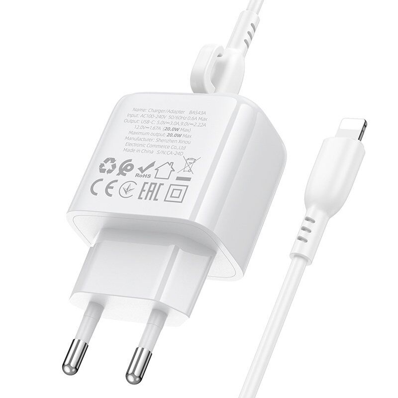 Мережевий зарядний пристрій BOROFONE BAS43A TYPE-C PD 20W + кабель TYPE-C - LIGHTNING, білий Мережевий зарядний пристрій BOROFONE BAS43A TYPE-C PD 20W + кабель TYPE-C - LIGHTNING, білий