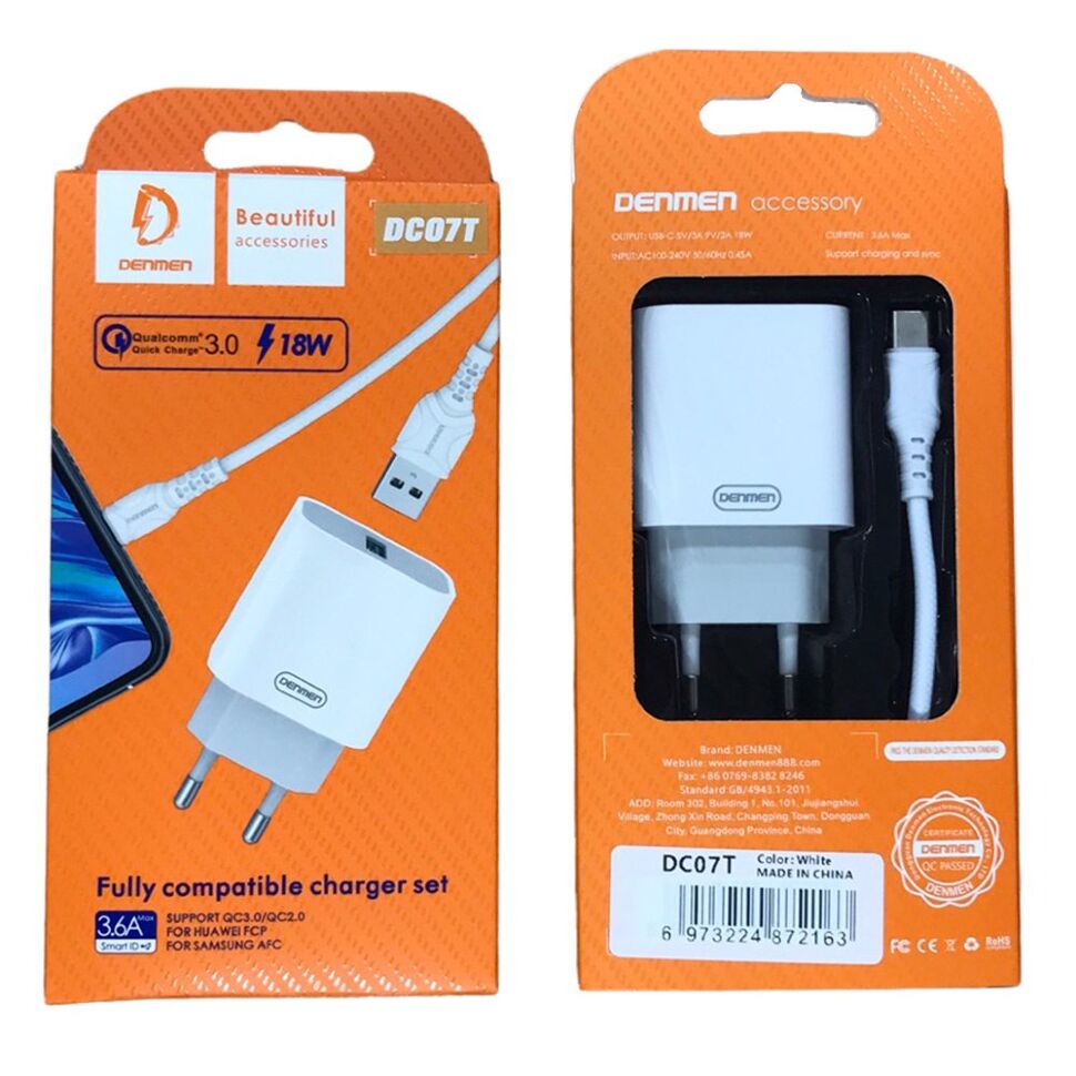 Мережевий зарядний пристрій DENMEN DC07T 3.6A 1USB 18W QC3.0, FCP, AFC, SCP + CABLE USB Type-C