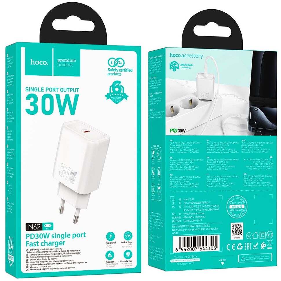 Мережевий зарядний пристрій HOCO N62 TYPE-C PD 30W, білий
