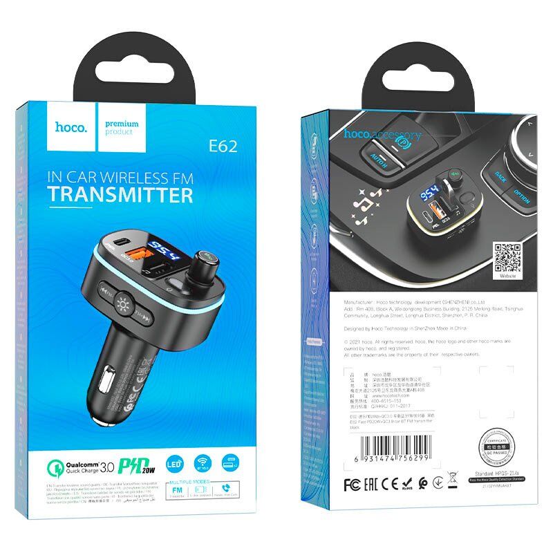 FM трансмітер HOCO E62 Bluetooth з швидкою зарядкою 20W 2USB + TYPE-C 3.1A з гучним зв'язком