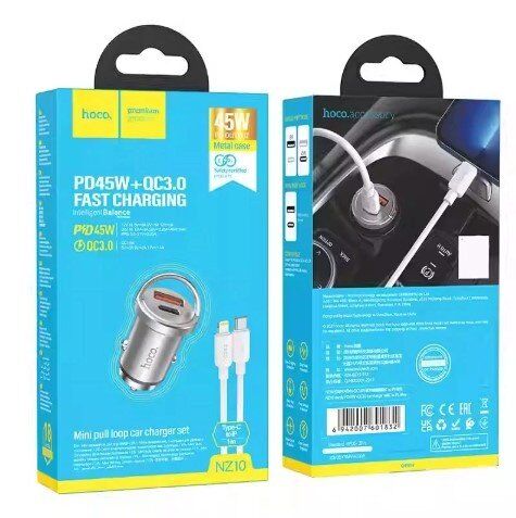 Автомобільний зарядний пристрій HOCO NZ10 45W Type-C PD / USB-A QC3.0 + КАБЕЛЬ TYPE-C - LIGHTNING silver