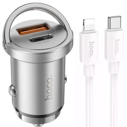 Автомобільний зарядний пристрій HOCO NZ10 45W Type-C PD / USB-A QC3.0 + КАБЕЛЬ TYPE-C - LIGHTNING silver