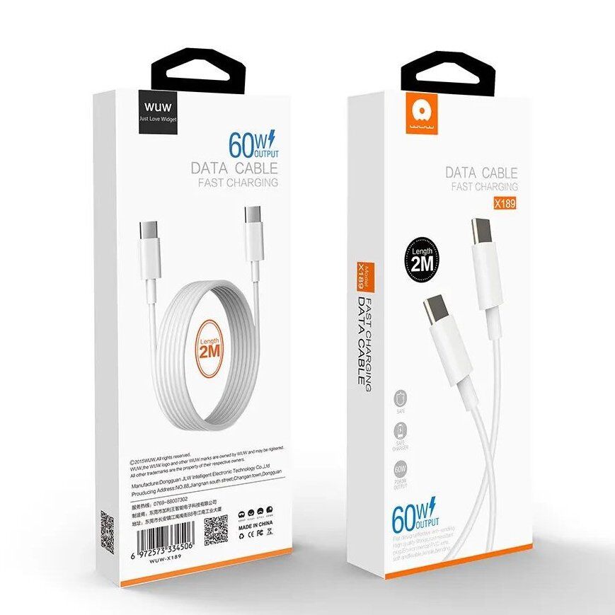 Кабель USB WUW X189 USB-C - Type-C 60W 2 МЕТРИ БІЛИЙ (45) Кабель USB WUW X189 USB-C - Type-C 60W 2 МЕТРИ БІЛИЙ (45)