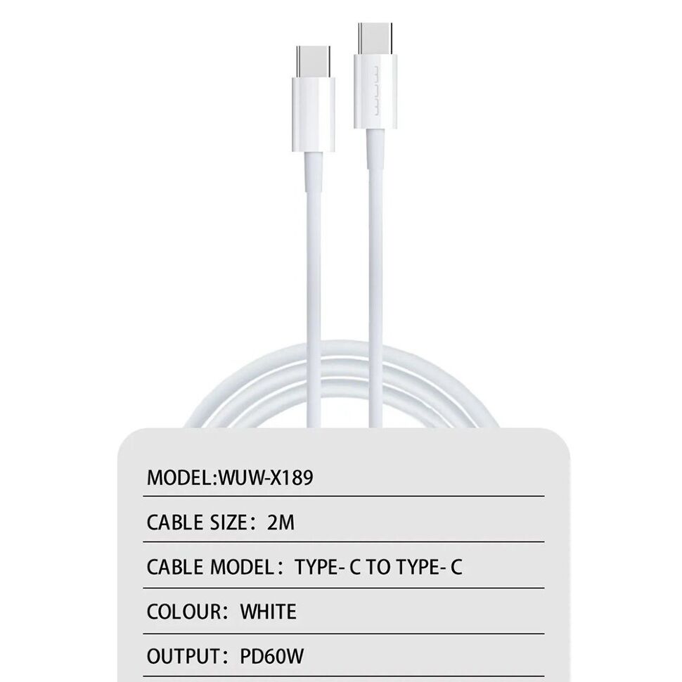 Кабель USB WUW X189 USB-C - Type-C 60W 2 МЕТРИ БІЛИЙ (45) Кабель USB WUW X189 USB-C - Type-C 60W 2 МЕТРИ БІЛИЙ (45)