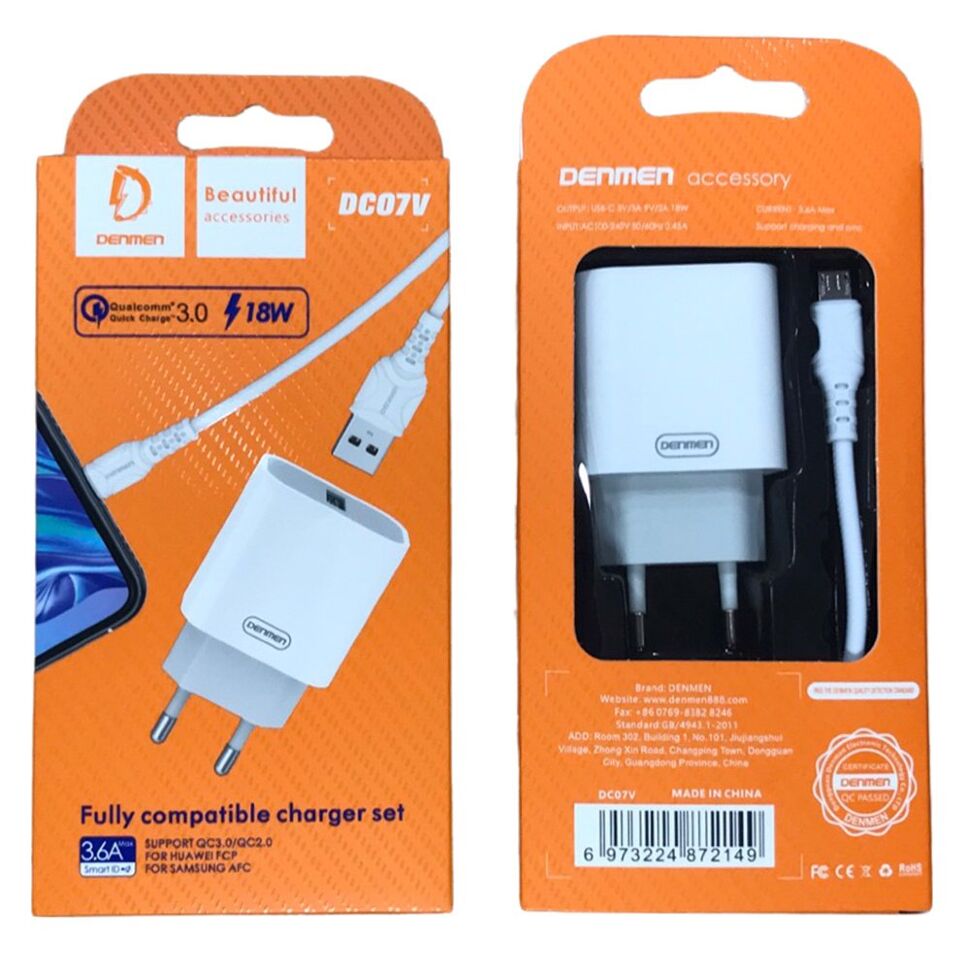 Мережевий зарядний пристрій DENMEN DC07V 3.6A 1USB 18W QC3.0, FCP, AFC, SCP + CABLE Micro-USB Мережевий зарядний пристрій DENMEN DC07V 3.6A 1USB 18W QC3.0, FCP, AFC, SCP + CABLE Micro-USB