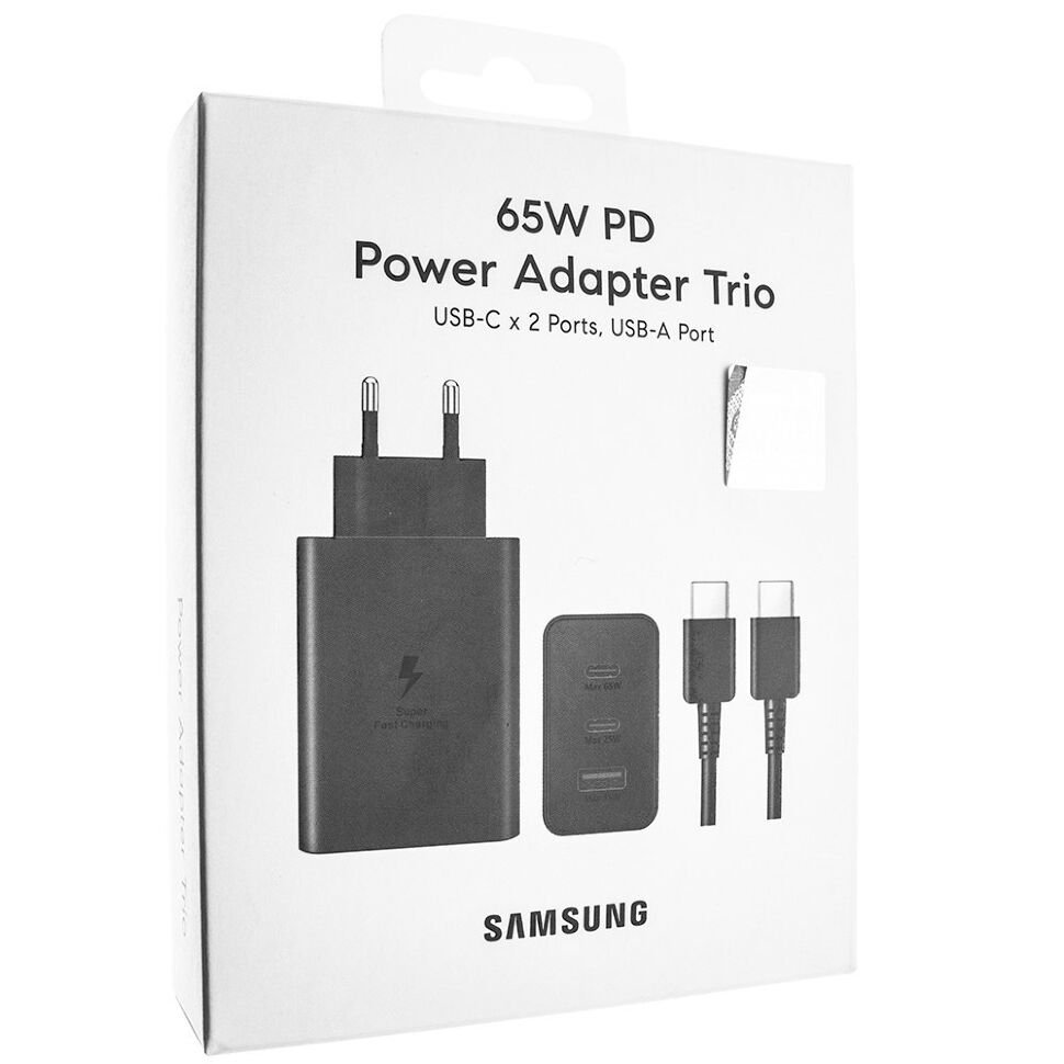 Сетевое зарядное устройство для SAMSUNG TRIO PD 2в1 65W (EP-TA845XBEGCN) + кабель TYPE-C - TYPE-C, черный в упаковке (D)