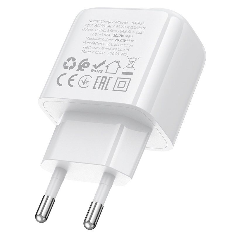 Мережевий зарядний пристрій BOROFONE BAS43A TYPE-C PD 20W, білий