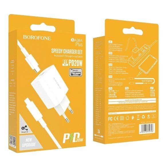Мережевий зарядний пристрій BOROFONE BA38A Plus TYPE-C PD 20W + кабель TYPE-C - LIGHTNING, БІЛИЙ Мережевий зарядний пристрій BOROFONE BA38A Plus TYPE-C PD 20W + кабель TYPE-C - LIGHTNING, БІЛИЙ