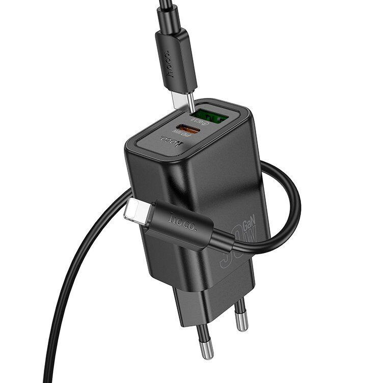 Мережевий зарядний пристрій HOCO N63 TYPE-C PD 30W + USB QC 3.0 + КАБЕЛЬ TYPE-C - LIGHTNING, чорний