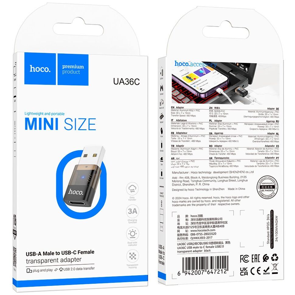 OTG-адаптер HOCO UA36C USB (папа) - Type-C (мама), чорний