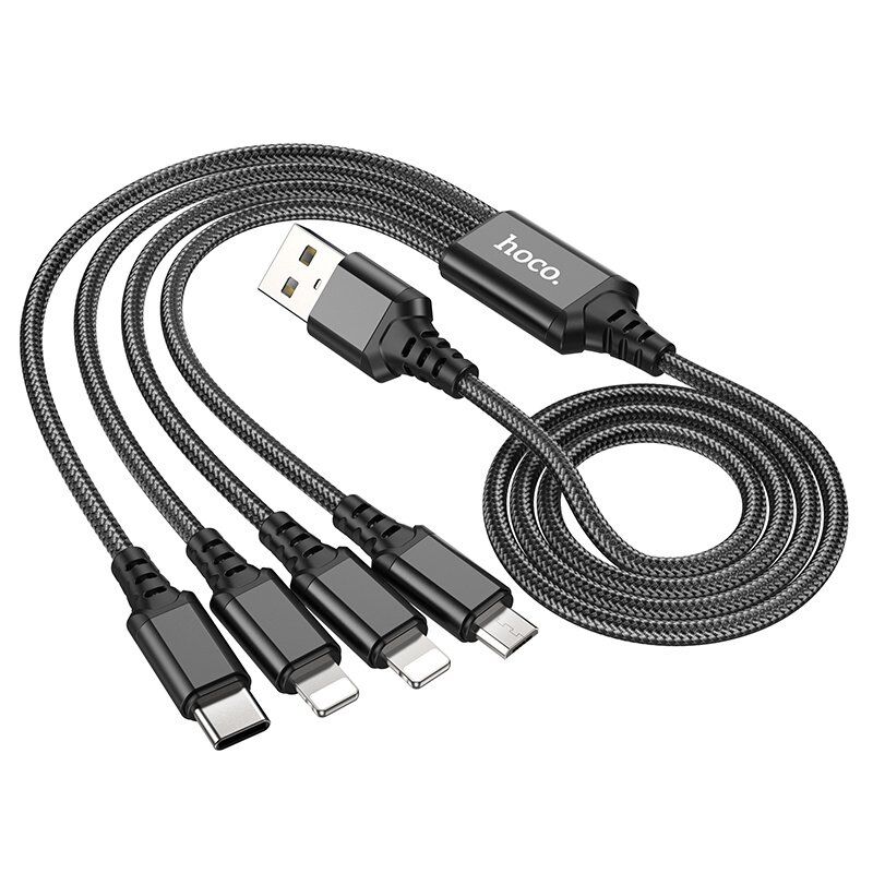 USB КАБЕЛЬ HOCO X76 4в1: Lightning*2/Micro/Type-C, ЧОРНИЙ