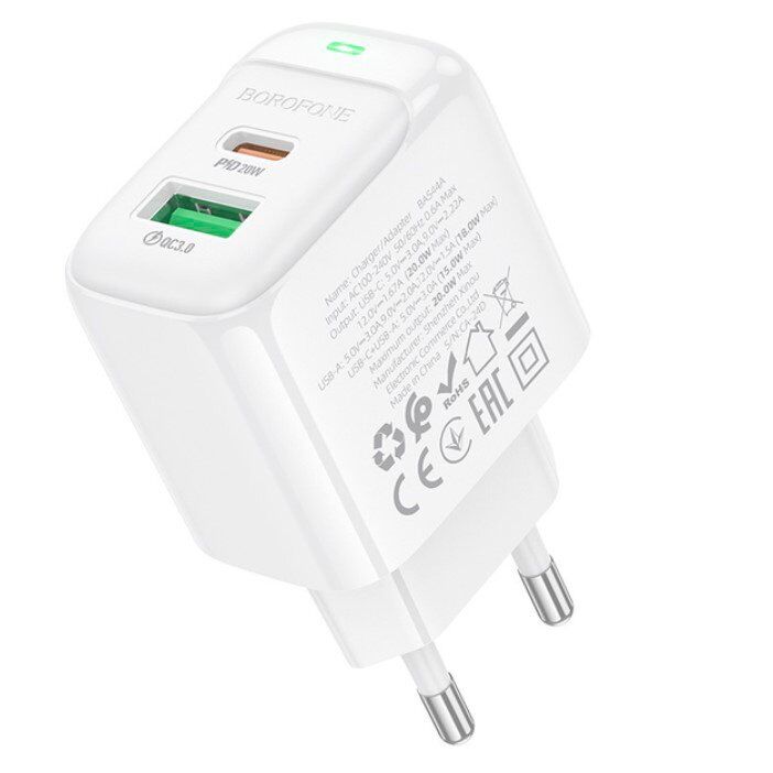 Мережевий зарядний пристрій BOROFONE BAS44A TYPE-C PD 20W + USB QC3.0, білий Мережевий зарядний пристрій BOROFONE BAS44A TYPE-C PD 20W + USB QC3.0, білий