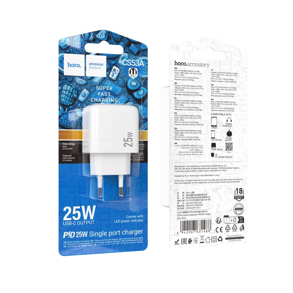 Мережевий зарядний пристрій HOCO CS53A TYPE-C PD 25W, білий Мережевий зарядний пристрій HOCO CS53A TYPE-C PD 25W, білий