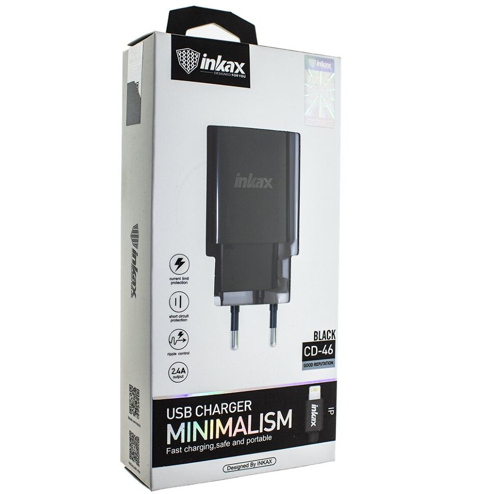 Мережевий зарядний пристрій INKAX CD-46 2.4A + USB кабель LIGHTNING Мережевий зарядний пристрій INKAX CD-46 2.4A + USB кабель LIGHTNING
