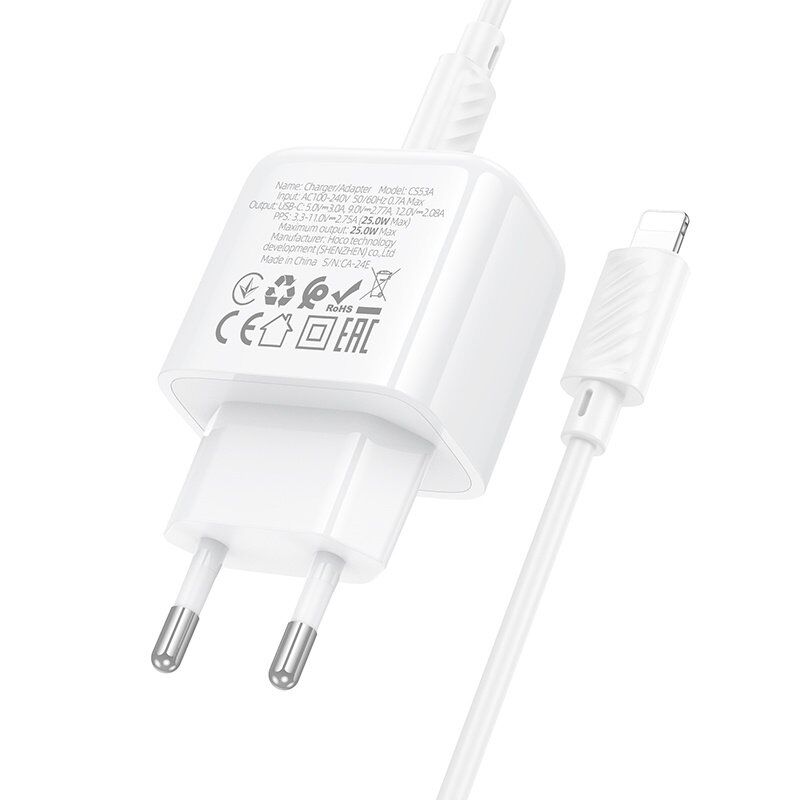 Мережевий зарядний пристрій HOCO CS53A TYPE-C PD 25W + КАБЕЛЬ TYPE-C - LIGHTNING, білий