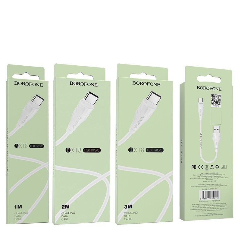 USB кабель BOROFONE BX18 charging data 3А USB - Type-C 2 метри, бiлий USB кабель BOROFONE BX18 charging data 3А USB - Type-C 2 метри, бiлий