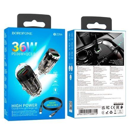 Автомобільний зарядний пристрій BOROFONE BZ29A PD 36W TYPE-C / USB QC3.0 + кабель TYPE-C - TYPE-C чорний Автомобільний зарядний пристрій BOROFONE BZ29A PD 36W TYPE-C / USB QC3.0 + кабель TYPE-C - TYPE-C чорний