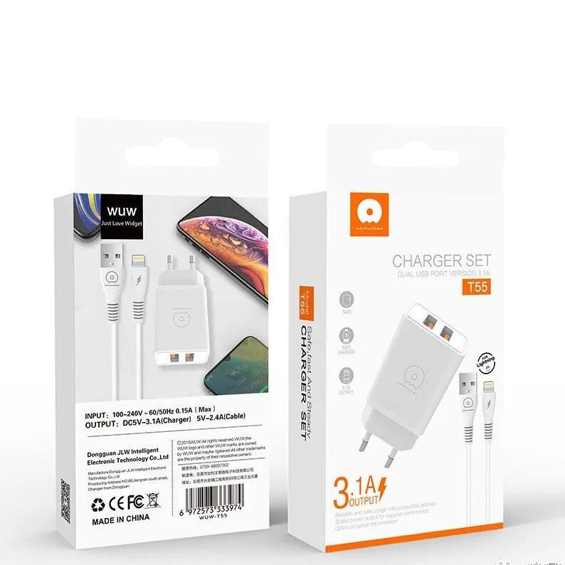 Мережевий зарядний пристрій WUW T55 2USB 3.1A + USB Lightning 2.4A БІЛИЙ (70) Мережевий зарядний пристрій WUW T55 2USB 3.1A + USB Lightning 2.4A БІЛИЙ (70)