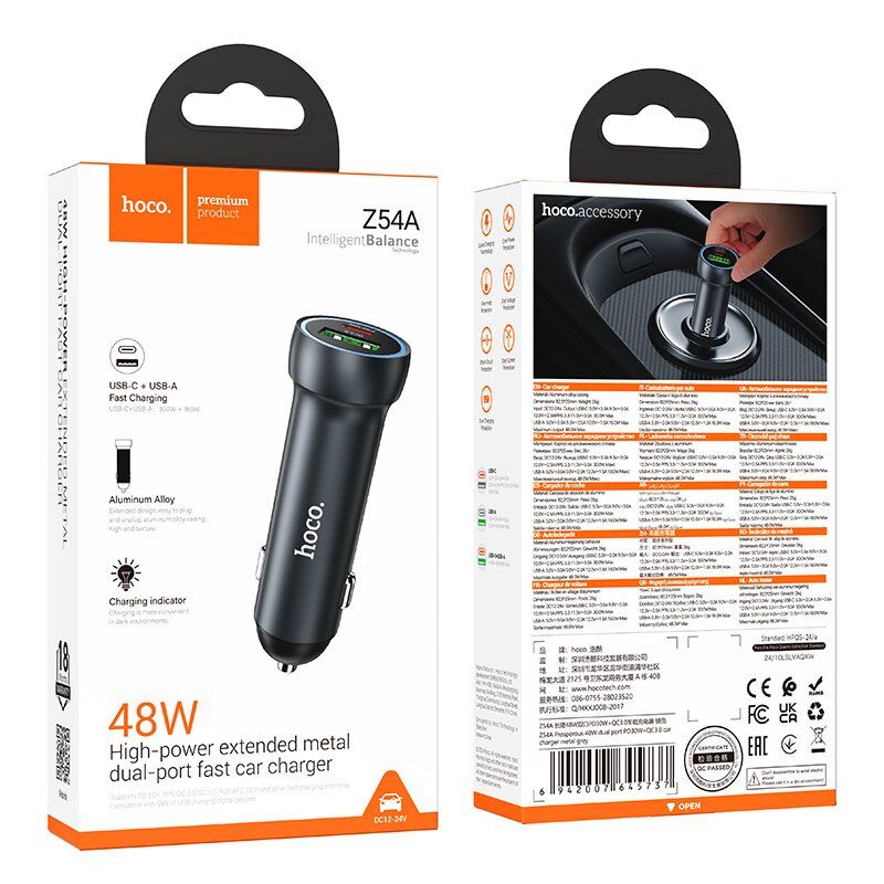 Автомобільний зарядний пристрій HOCO Z54A Type-C PD 30W + USB QC3.0, чорний