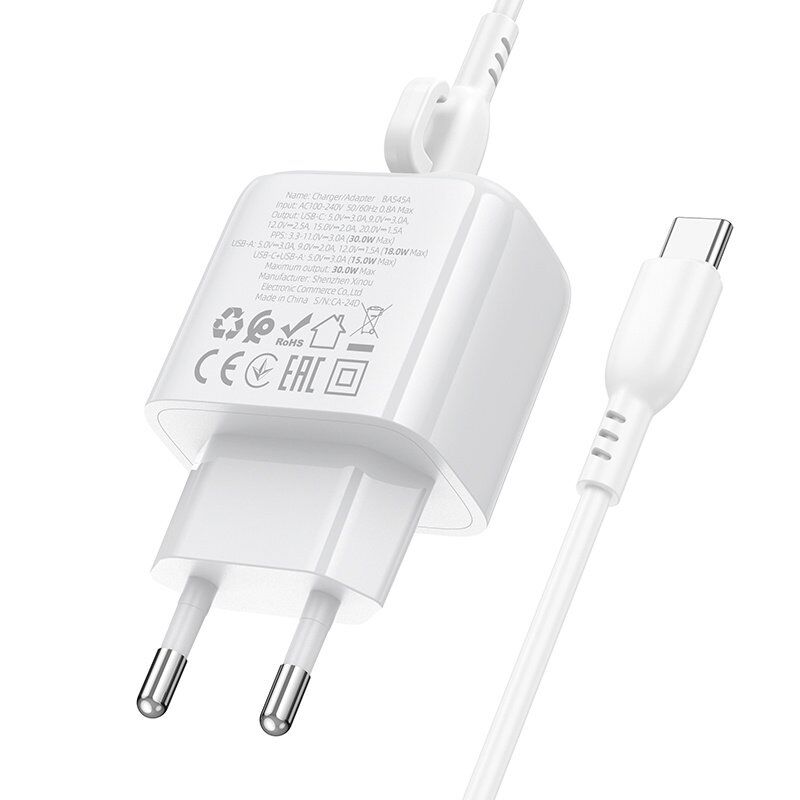 Мережевий зарядний пристрій BOROFONE BAS45A TYPE-C PD 30W / USB QC3.0 + кабель TYPE-C - TYPE-C, білий Мережевий зарядний пристрій BOROFONE BAS45A TYPE-C PD 30W / USB QC3.0 + кабель TYPE-C - TYPE-C, білий
