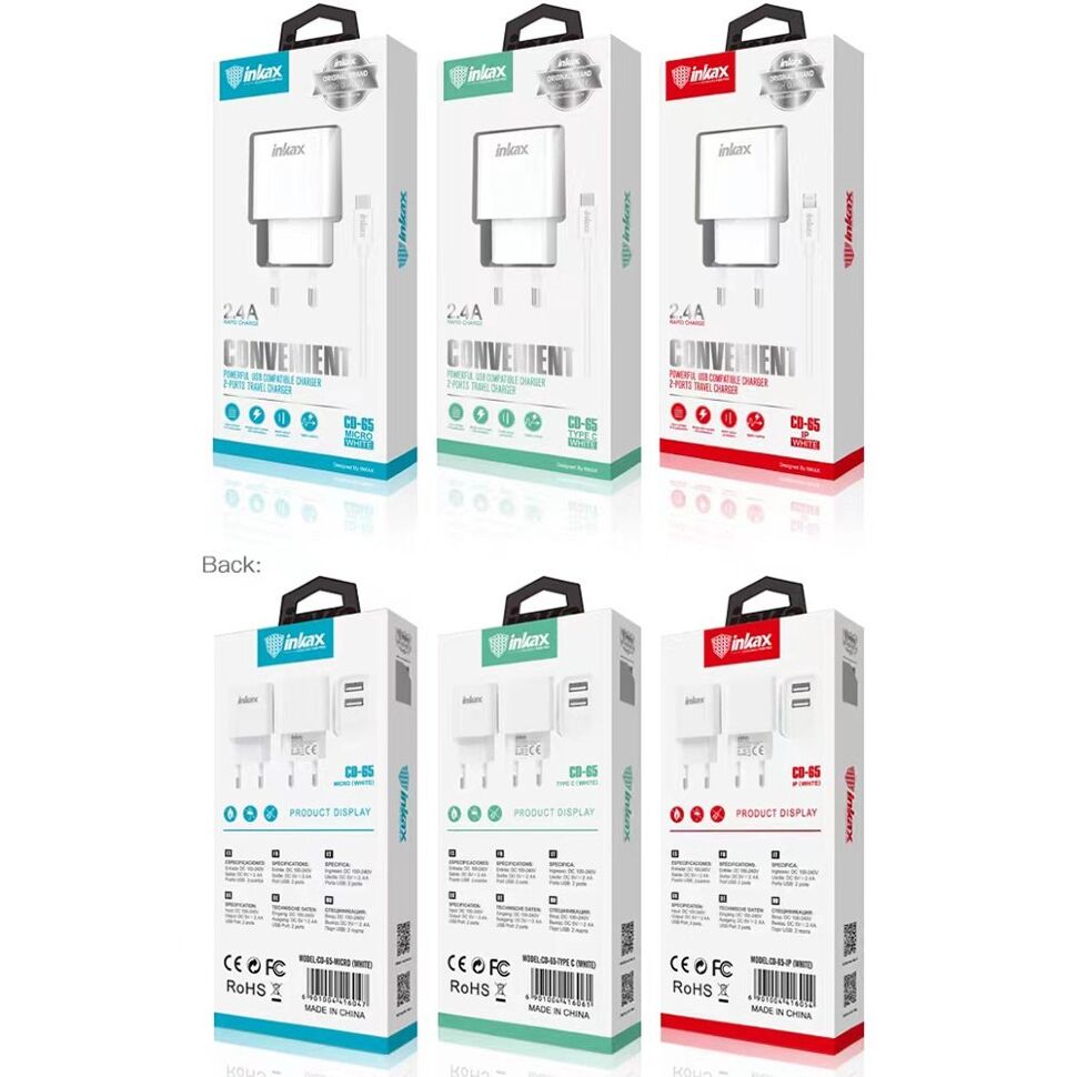 Мережевий зарядний пристрій INKAX CD-65 2.4A | 2 USB port + USB кабель Lightning for IPhone Мережевий зарядний пристрій INKAX CD-65 2.4A | 2 USB port + USB кабель Lightning for IPhone