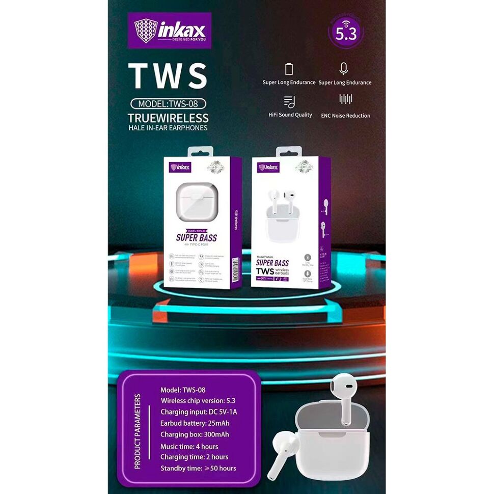 Бездротові навушники INKAX TWS-08 SUPER BASS Бездротові навушники INKAX TWS-08 SUPER BASS