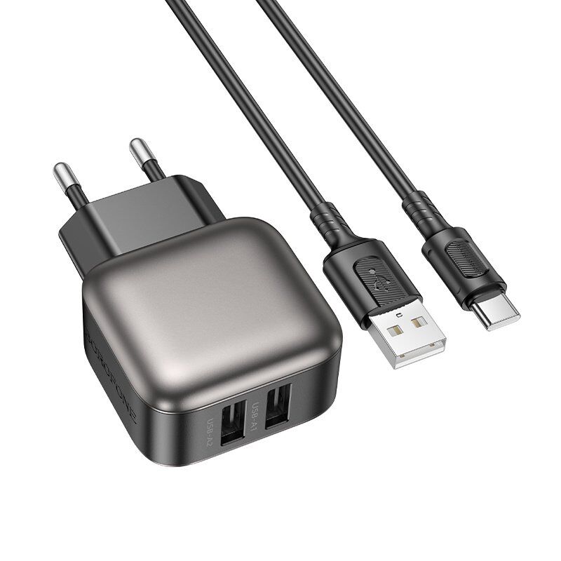 Мережевий зарядний пристрій BOROFONE BAS51A 2 USB 2.4A 12W + кабель USB - TYPE-C, чорний Мережевий зарядний пристрій BOROFONE BAS51A 2 USB 2.4A 12W + кабель USB - TYPE-C, чорний