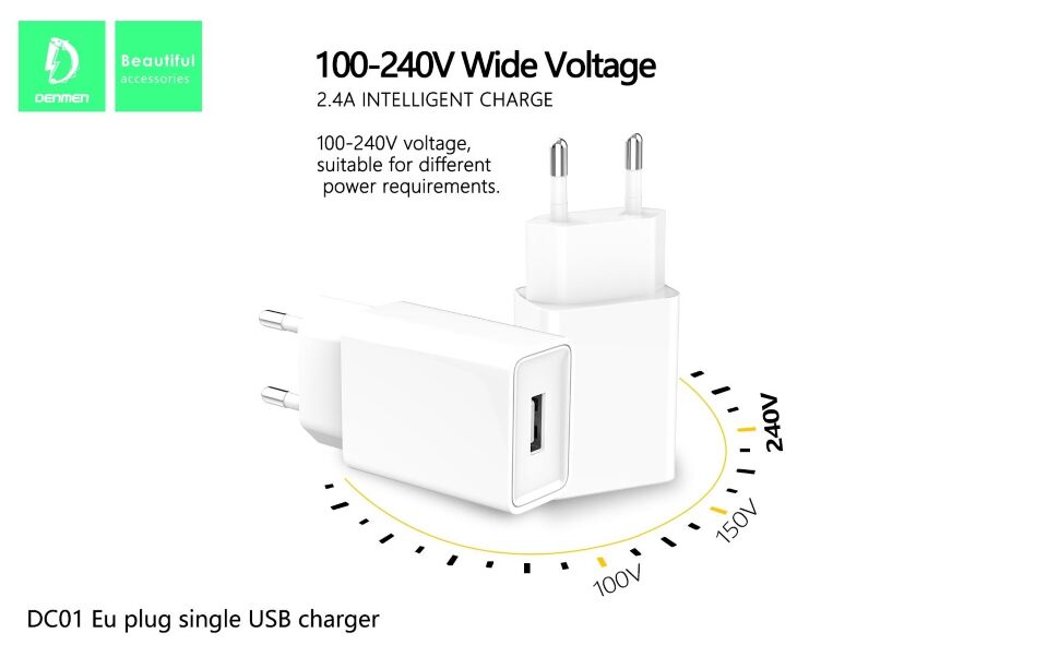 Мережевий зарядний пристрій DENMEN DC01 2.4A 1USB БІЛИЙ