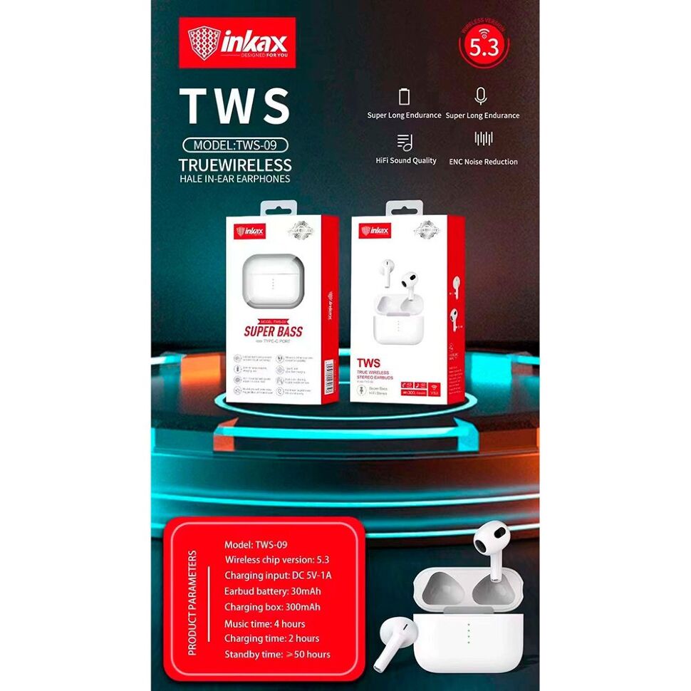 Бездротові навушники INKAX TWS-09, білий