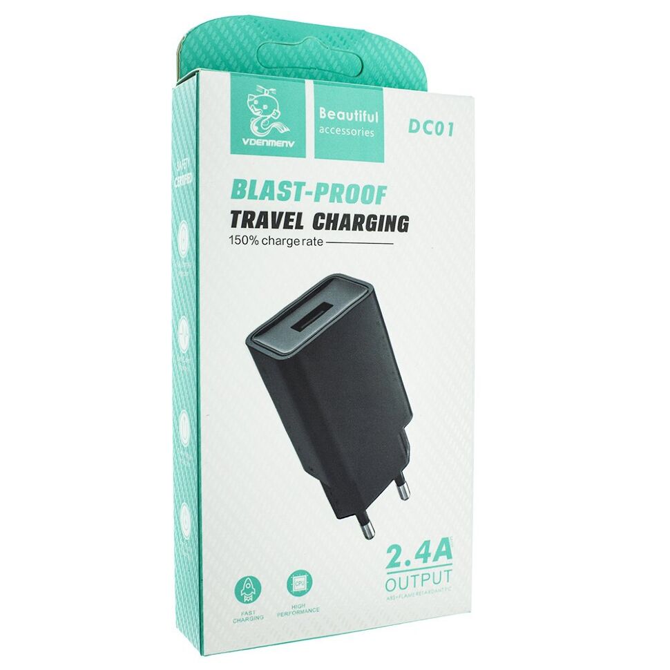 Мережевий зарядний пристрій DENMEN DC01 2.4A 1USB ЧОРНИЙ Мережевий зарядний пристрій DENMEN DC01 2.4A 1USB ЧОРНИЙ