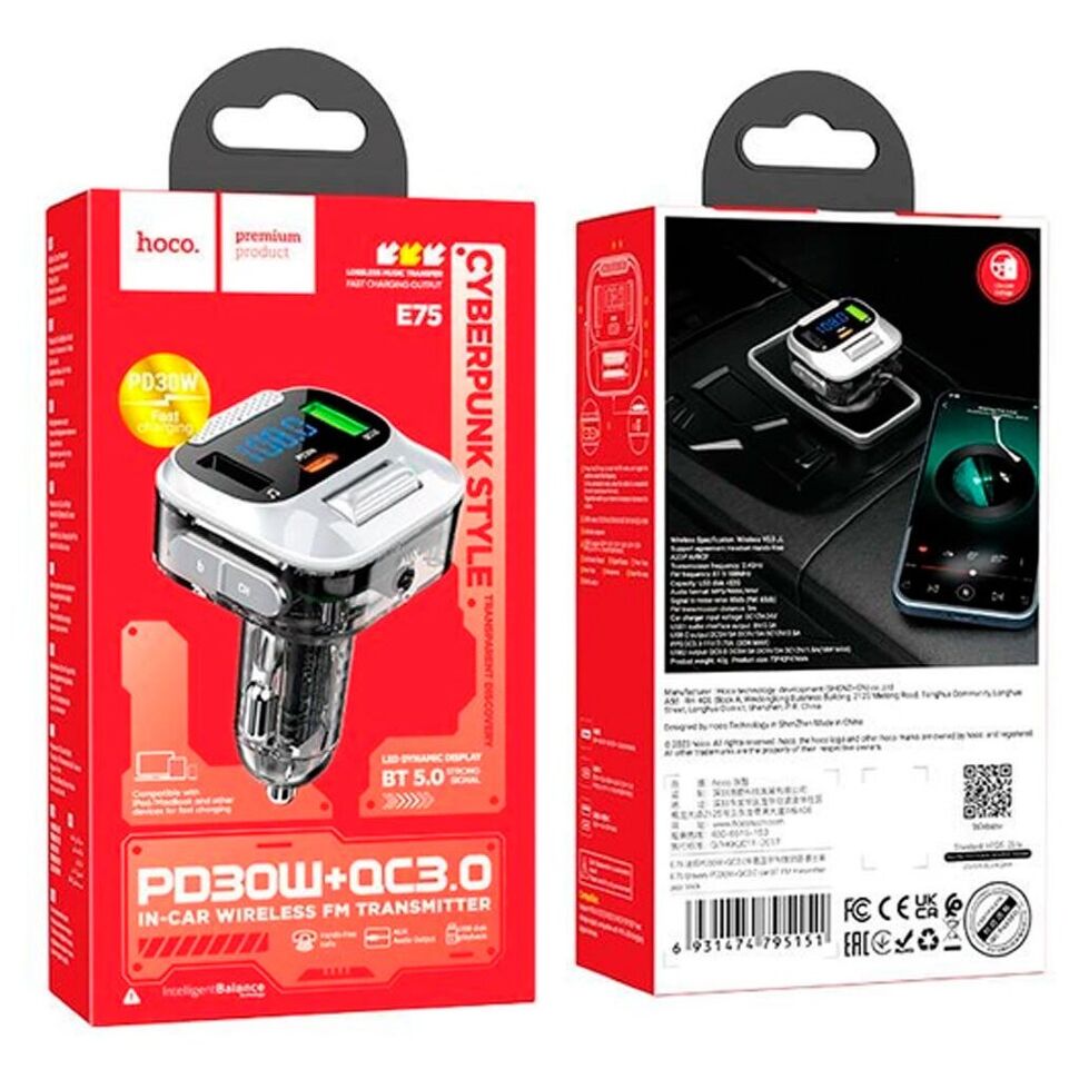 FM трансмітер HOCO E75 Bluetooth з швидкою зарядкою USB-C PD 30W + 1USB QC3.0 18W + 1USB FLASH з гучним зв'язком ЧОРНИЙ FM трансмітер HOCO E75 Bluetooth з швидкою зарядкою USB-C PD 30W + 1USB QC3.0 18W + 1USB FLASH з гучним зв'язком ЧОРНИЙ