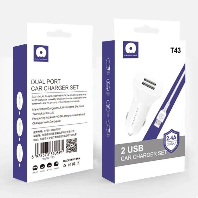 Автомобільний зарядний пристрій WUW T43 2 USB 2.4A + USB Lightning Автомобільний зарядний пристрій WUW T43 2 USB 2.4A + USB Lightning