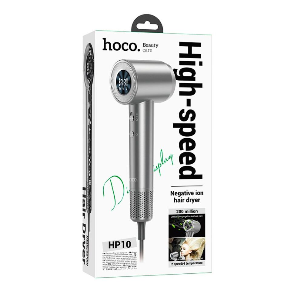 Високошвидкісний фен HOCO HP10 з іонізацією та цифровим дисплеєм, 1600 Вт, СІРИЙ Високошвидкісний фен HOCO HP10 з іонізацією та цифровим дисплеєм, 1600 Вт, СІРИЙ