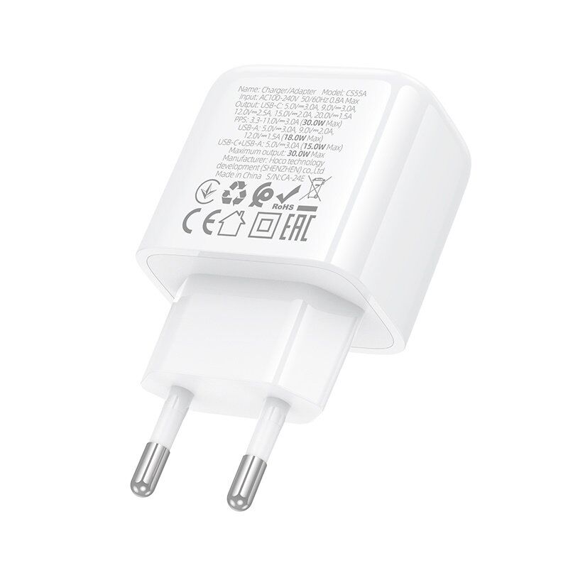 Мережевий зарядний пристрій HOCO CS55A TYPE-C PD 30W + USB QC 3.0, білий Мережевий зарядний пристрій HOCO CS55A TYPE-C PD 30W + USB QC 3.0, білий
