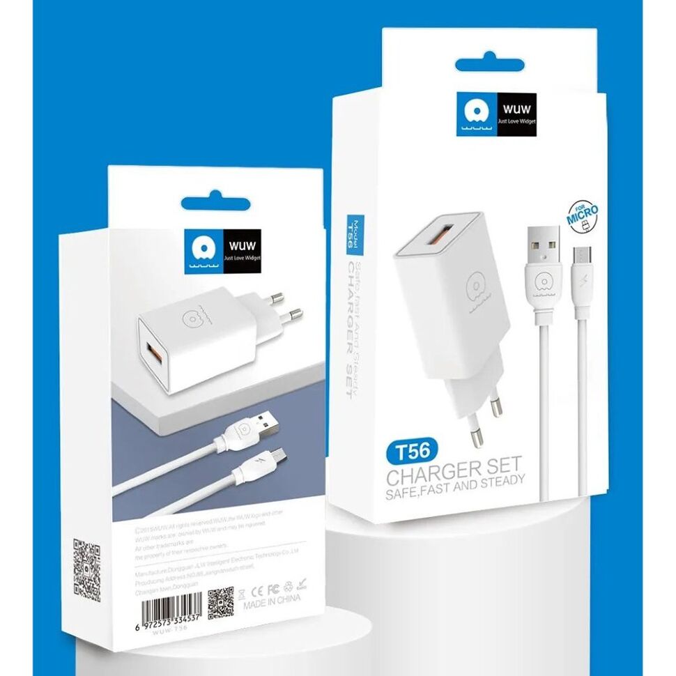 Мережевий зарядний пристрій WUW T56 2.4A + USB Micro-USB БІЛИЙ Мережевий зарядний пристрій WUW T56 2.4A + USB Micro-USB БІЛИЙ