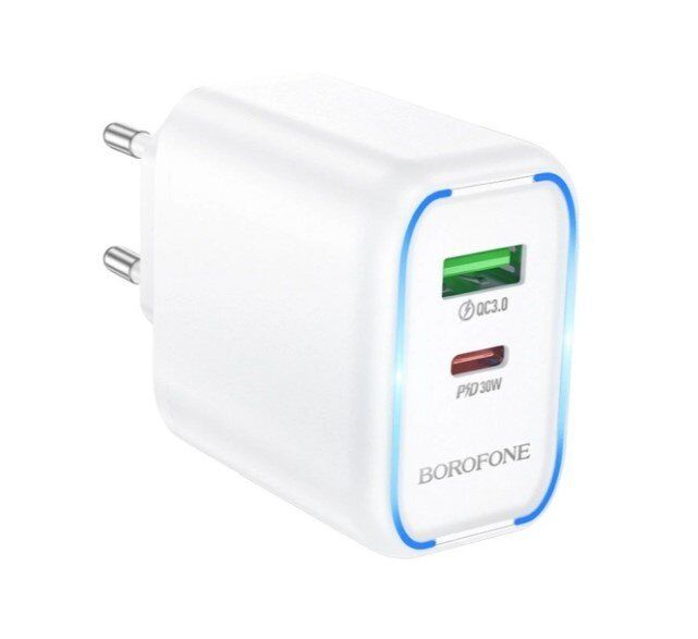 Мережевий зарядний пристрій Borofone BA89A PD30W+QC3.0 (1USB/1Type-C) (белый)