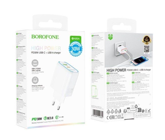 Мережевий зарядний пристрій Borofone BA89A PD30W+QC3.0 (1USB/1Type-C) (белый)