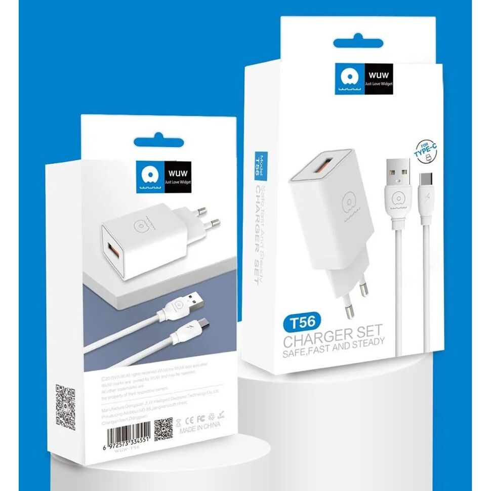 Мережевий зарядний пристрій WUW T56 2.4A + USB Type-C БІЛИЙ Мережевий зарядний пристрій WUW T56 2.4A + USB Type-C БІЛИЙ