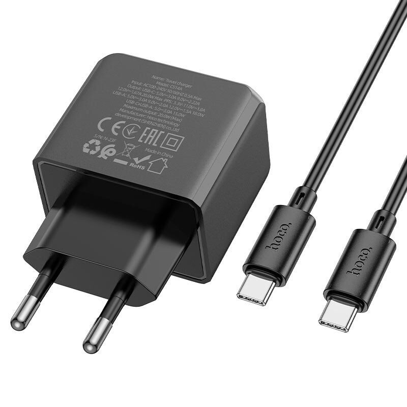 Мережевий зарядний пристрій HOCO CS14A TYPE-C PD 20W + USB QC 3.0 + кабель TYPE-C - TYPE-C, чорний