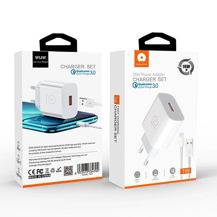 Мережевий зарядний пристрій WUW T59 18W QC3.0 + USB Type-C БІЛИЙ Мережевий зарядний пристрій WUW T59 18W QC3.0 + USB Type-C БІЛИЙ
