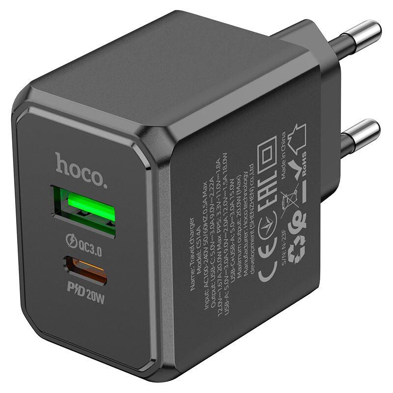 Мережевий зарядний пристрій HOCO CS14A TYPE-C PD 20W + USB QC 3.0, чорний