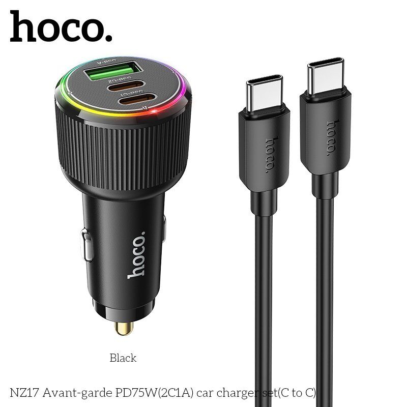 Автомобільний зарядний пристрій HOCO NZ17 Avant-garde 75W 2 TYPE-C PD 25W + 1 USB QC 3.0 18W + КАБЕЛЬ TYPE-C - TYPE-C, ЧОРНИЙ Автомобільний зарядний пристрій HOCO NZ17 Avant-garde 75W 2 TYPE-C PD 25W + 1 USB QC 3.0 18W + КАБЕЛЬ TYPE-C - TYPE-C, ЧОРНИЙ